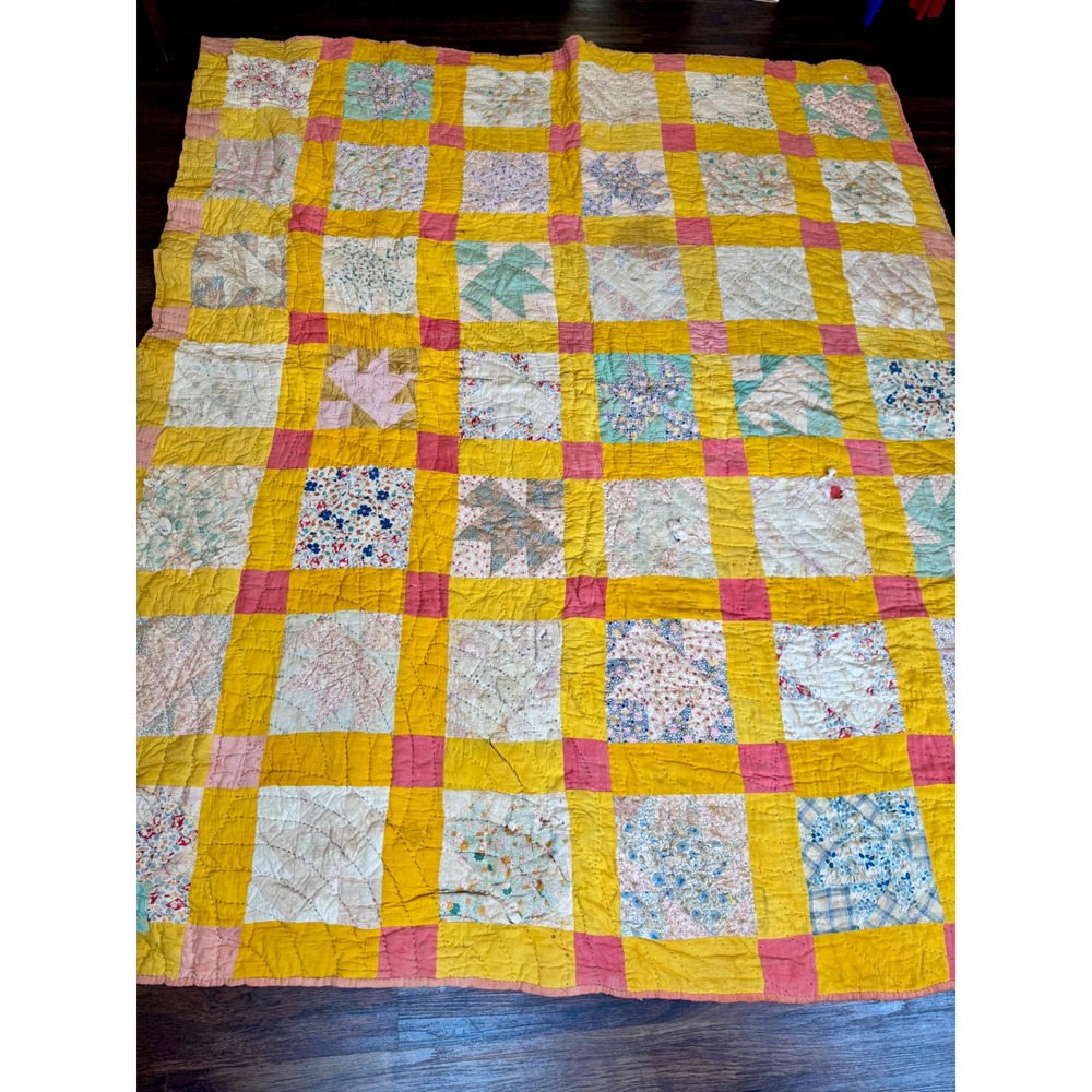 Vintage 1930-50s Grandma Made Cutter Quilt Flour Sack Cotton 80x71 Patchwork - Picture 2 of 11